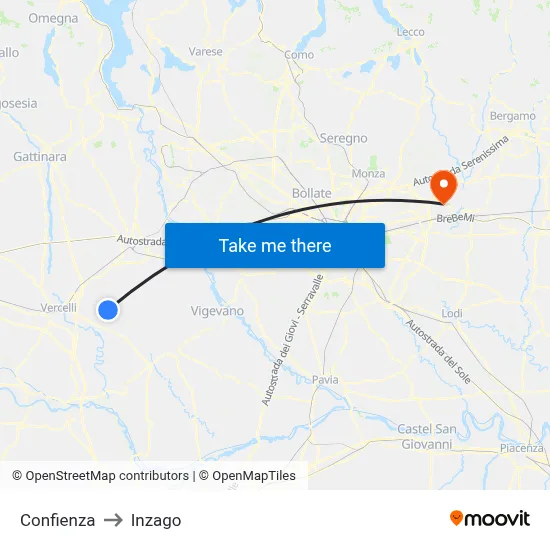 Confienza to Inzago map