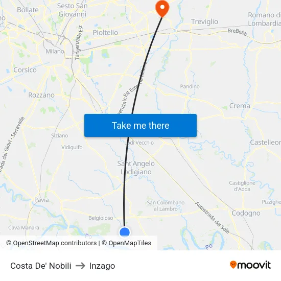 Costa de' Nobili to Inzago map