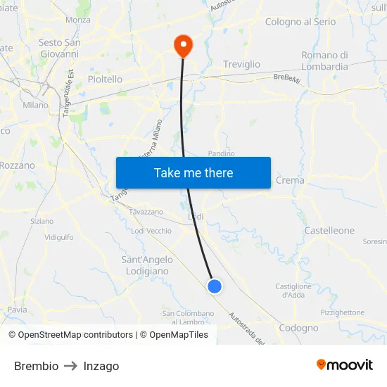 Brembio to Inzago map