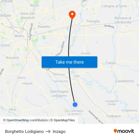 Borghetto Lodigiano to Inzago map