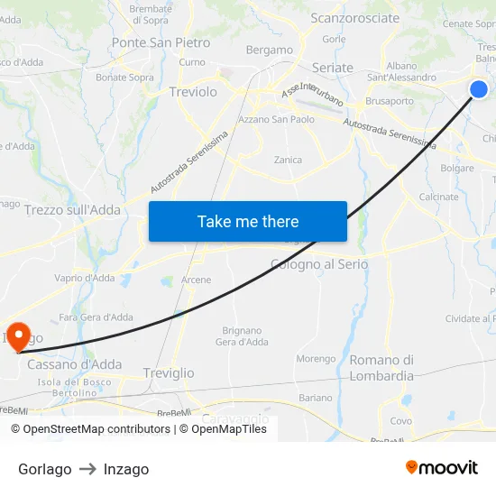Gorlago to Inzago map
