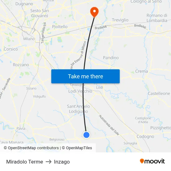 Miradolo Terme to Inzago map
