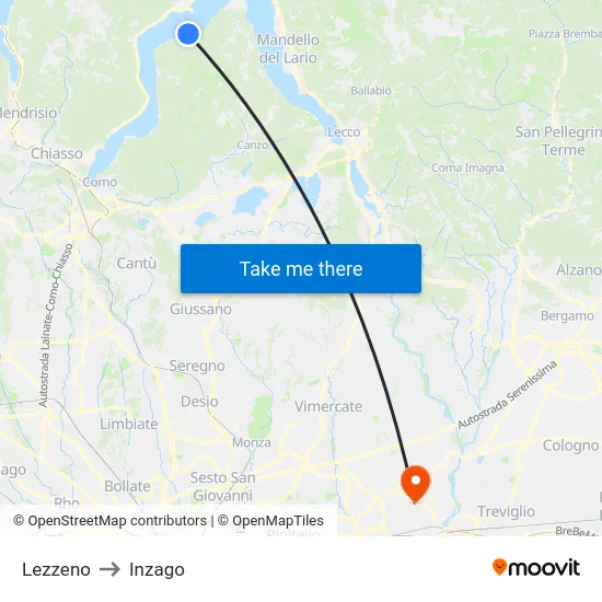 Lezzeno to Inzago map