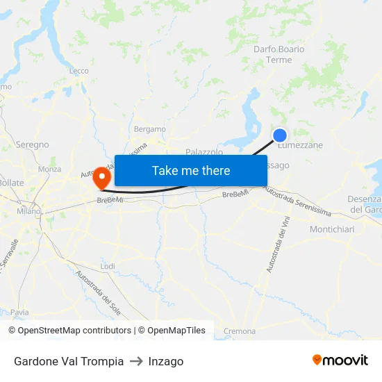 Gardone Val Trompia to Inzago map