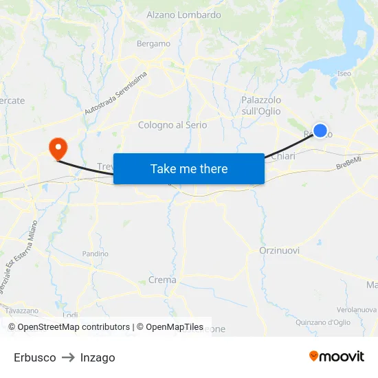 Erbusco to Inzago map