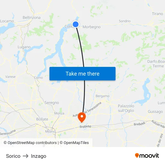 Sorico to Inzago map