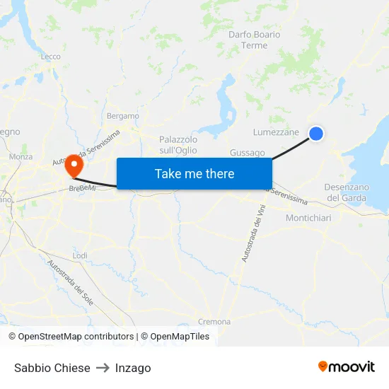 Sabbio Chiese to Inzago map