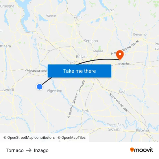 Tornaco to Inzago map