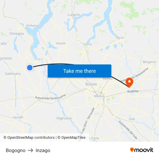 Bogogno to Inzago map