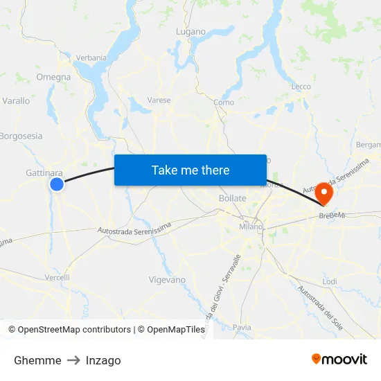 Ghemme to Inzago map