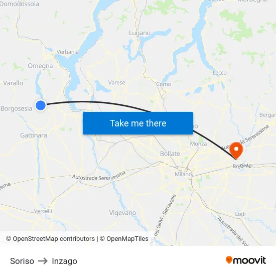 Soriso to Inzago map