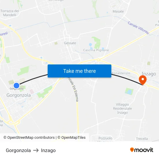 Gorgonzola to Inzago map