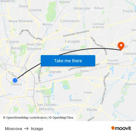 Moscova to Inzago map