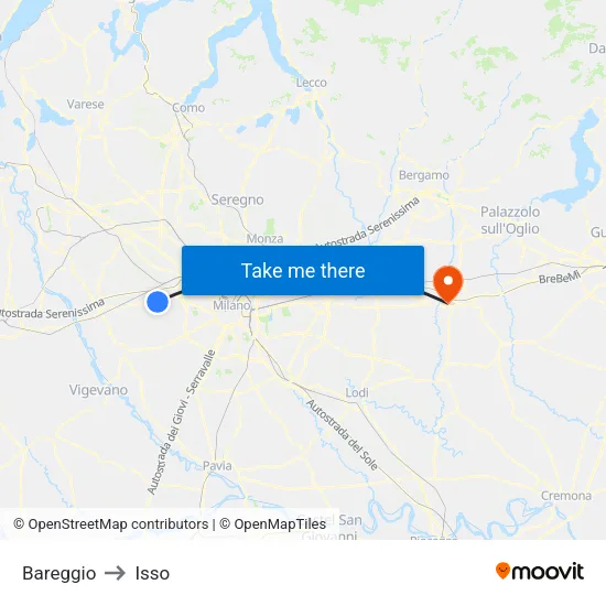 Bareggio to Isso map
