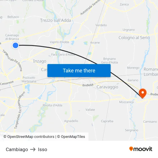 Cambiago to Isso map
