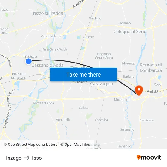 Inzago to Isso map