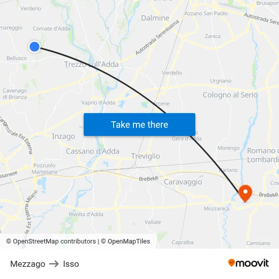 Mezzago to Isso map