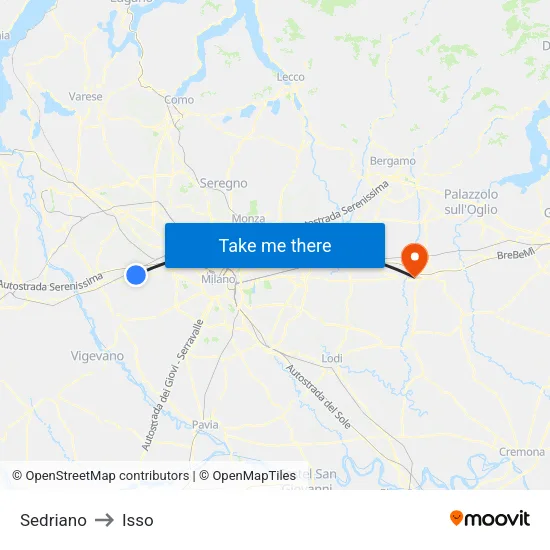 Sedriano to Isso map