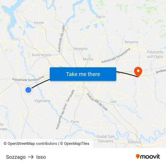 Sozzago to Isso map