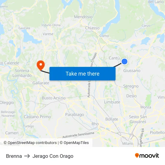 Brenna to Jerago con Orago map