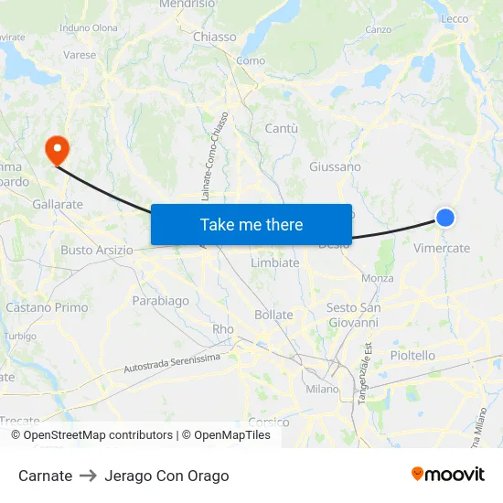 Carnate to Jerago con Orago map
