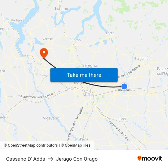 Cassano D'Adda to Jerago con Orago map