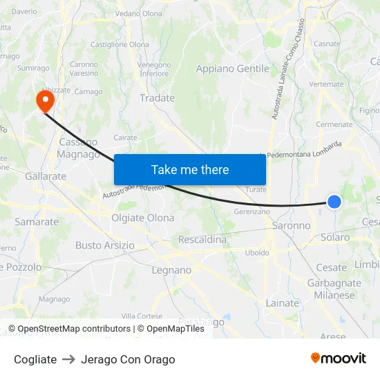 Cogliate to Jerago con Orago map