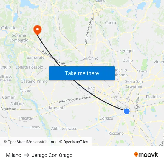 Milan to Jerago con Orago map
