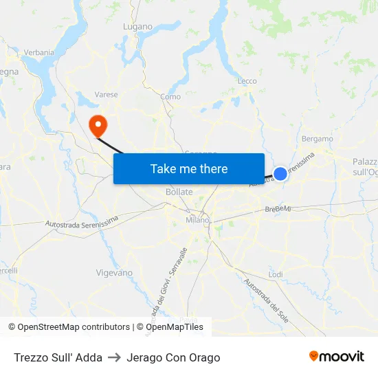 Trezzo Sull' Adda to Jerago Con Orago map