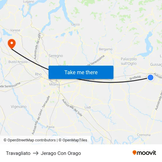 Travagliato to Jerago con Orago map