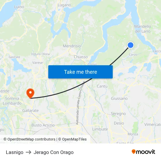 Lasnigo to Jerago con Orago map