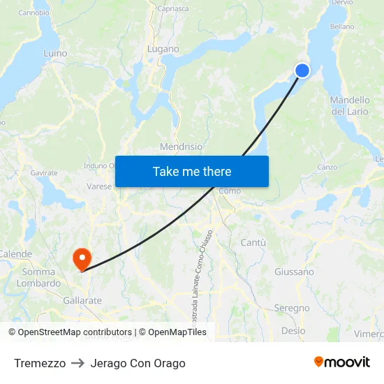 Tremezzo to Jerago Con Orago map