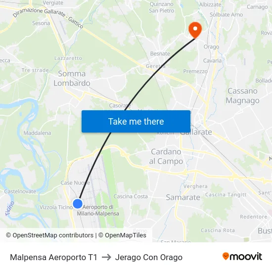 Malpensa Aeroporto T1 to Jerago Con Orago map