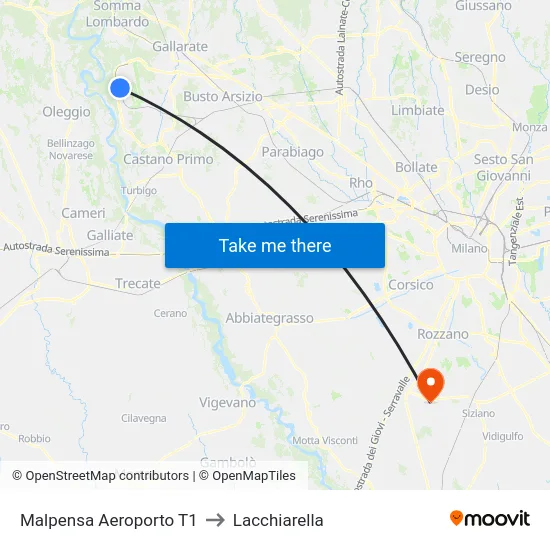 Malpensa Aeroporto T1 to Lacchiarella map