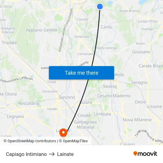 Capiago Intimiano to Lainate map