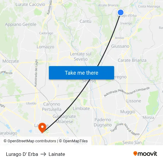 Lurago d'Erba to Lainate map