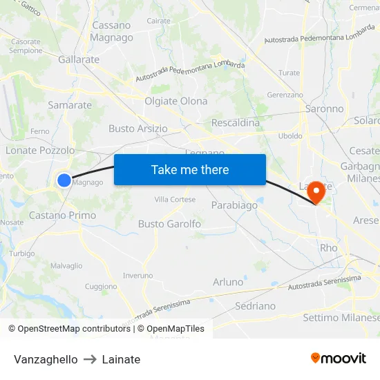 Vanzaghello to Lainate map