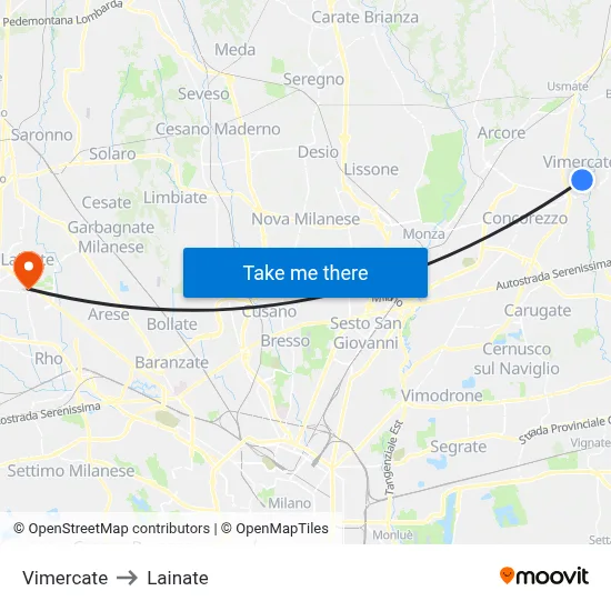 Vimercate to Lainate map