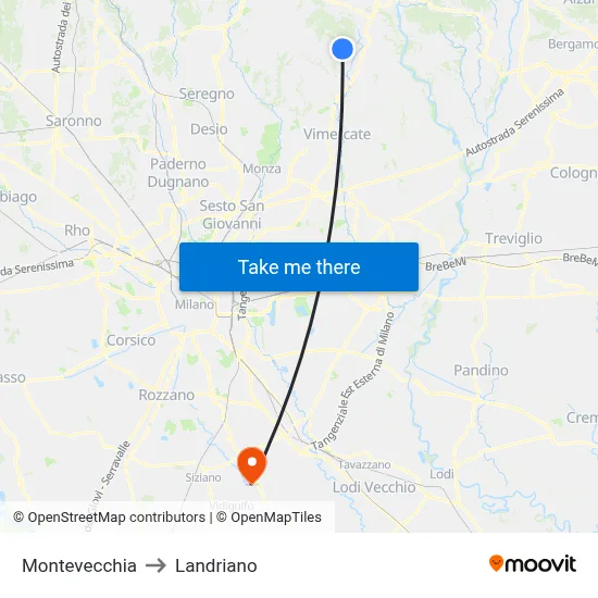 Montevecchia to Landriano map
