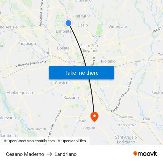 Cesano Maderno to Landriano map
