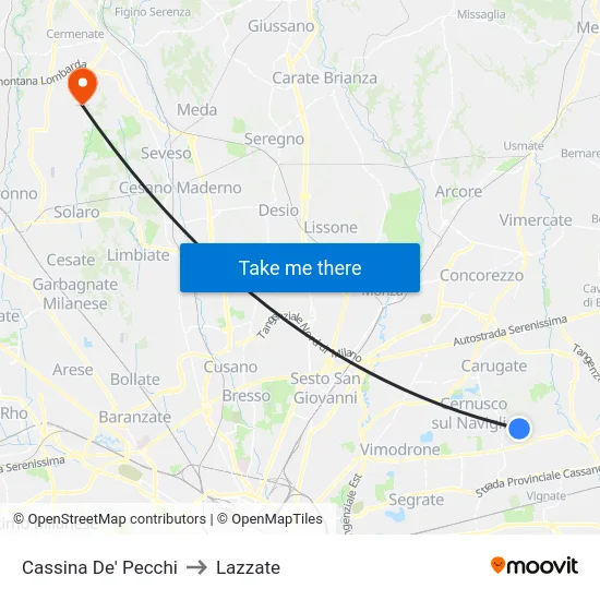 Cassina De' Pecchi to Lazzate map