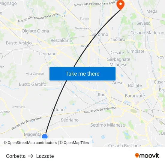 Corbetta to Lazzate map
