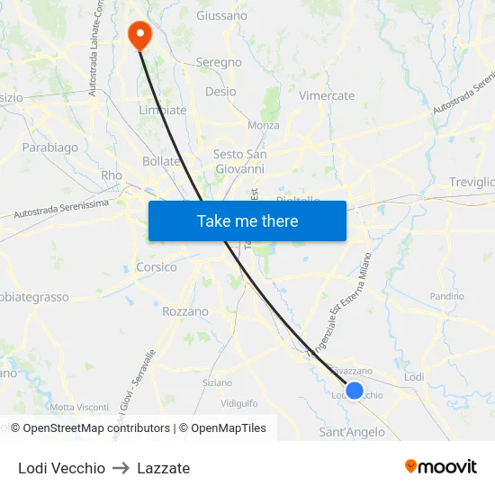 Lodi Vecchio to Lazzate map