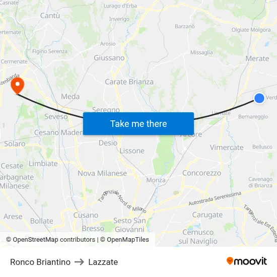 Ronco Briantino to Lazzate map