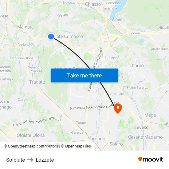 Solbiate to Lazzate map