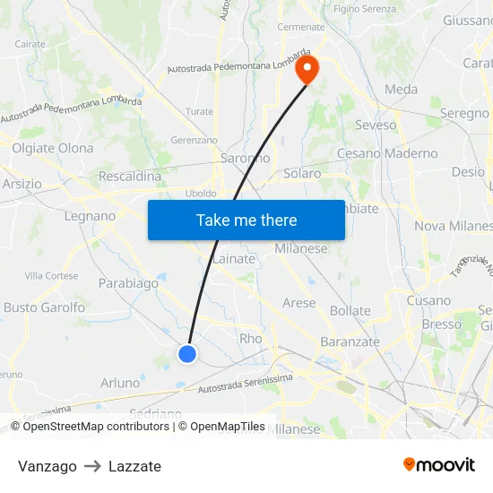Vanzago to Lazzate map