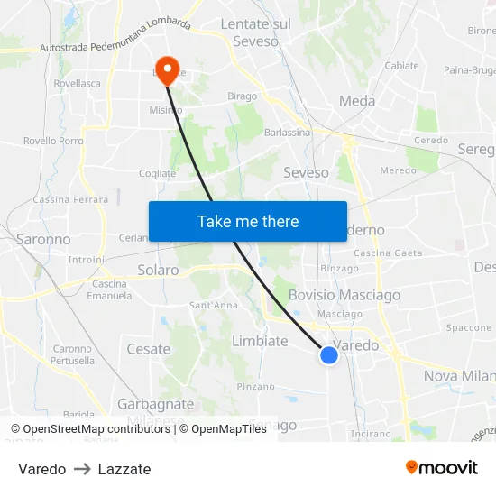 Varedo to Lazzate map