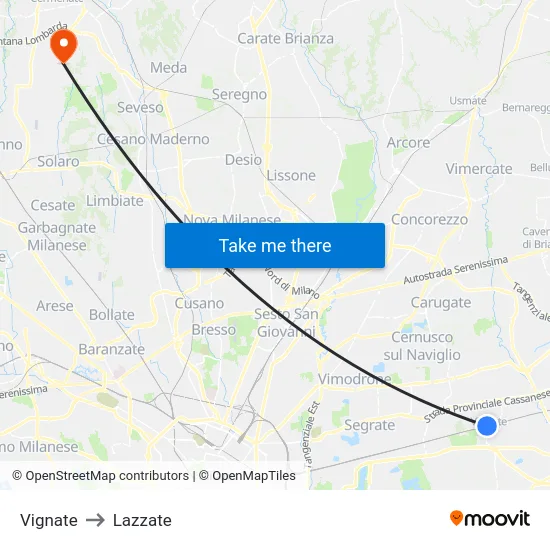 Vignate to Lazzate map