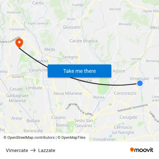 Vimercate to Lazzate map