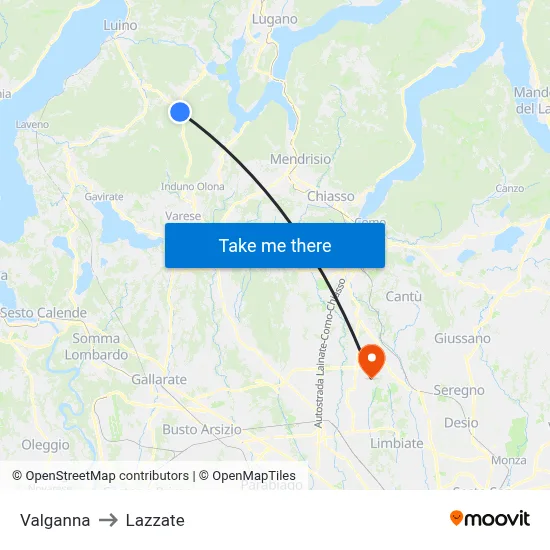 Valganna to Lazzate map